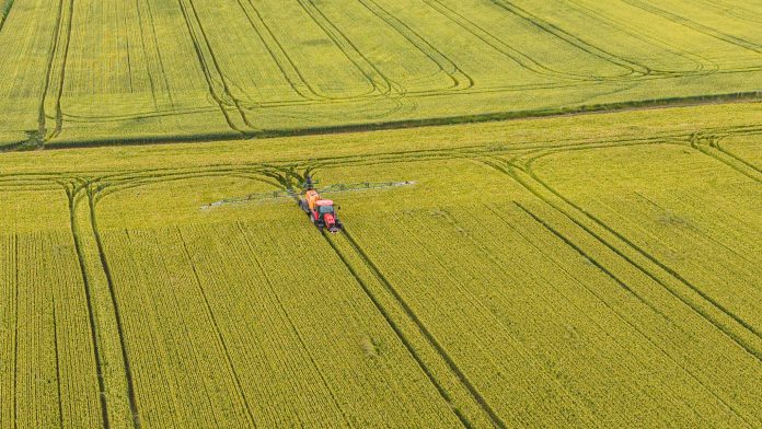 DJI_20260612152525_0108_D Fotografie aeriană din dronă cu utilaje agricole care efectuează tratamente de sezon în culturile de cereale. Foto: Eduard Vasilică